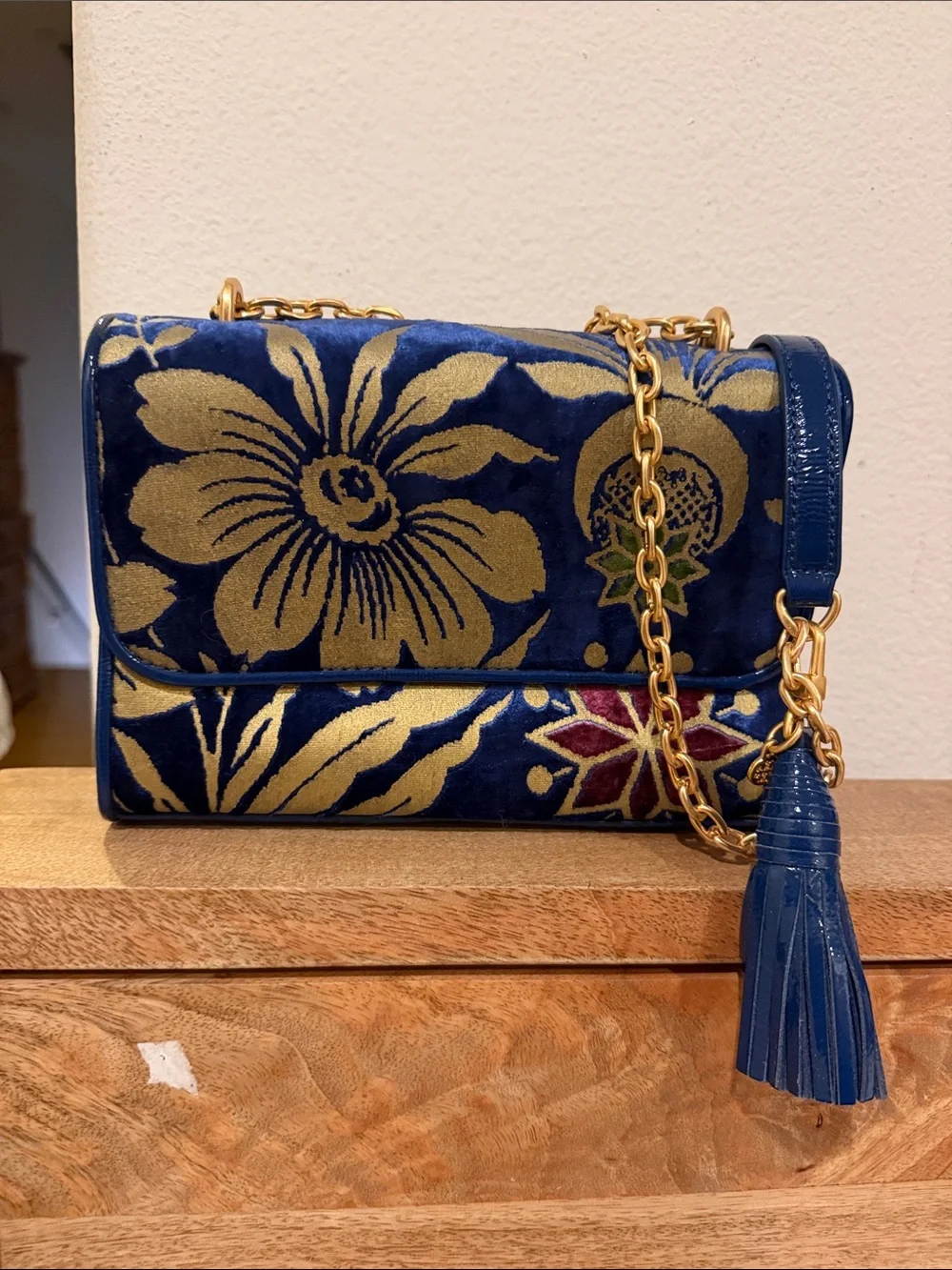 Tory Burch Blue Velvet Floral Crossbody with Gold Embroidery